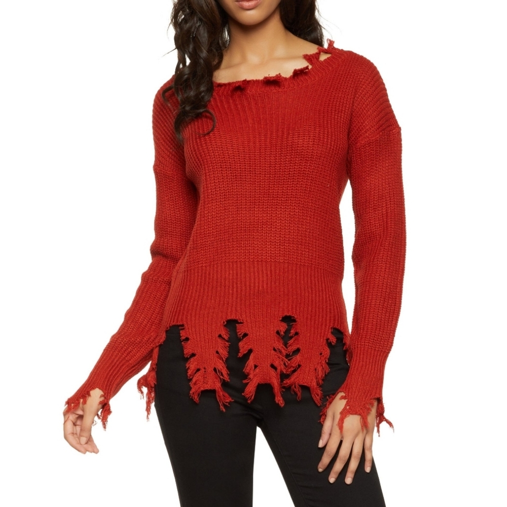 NWOT Red Distressed Knit Sweater
